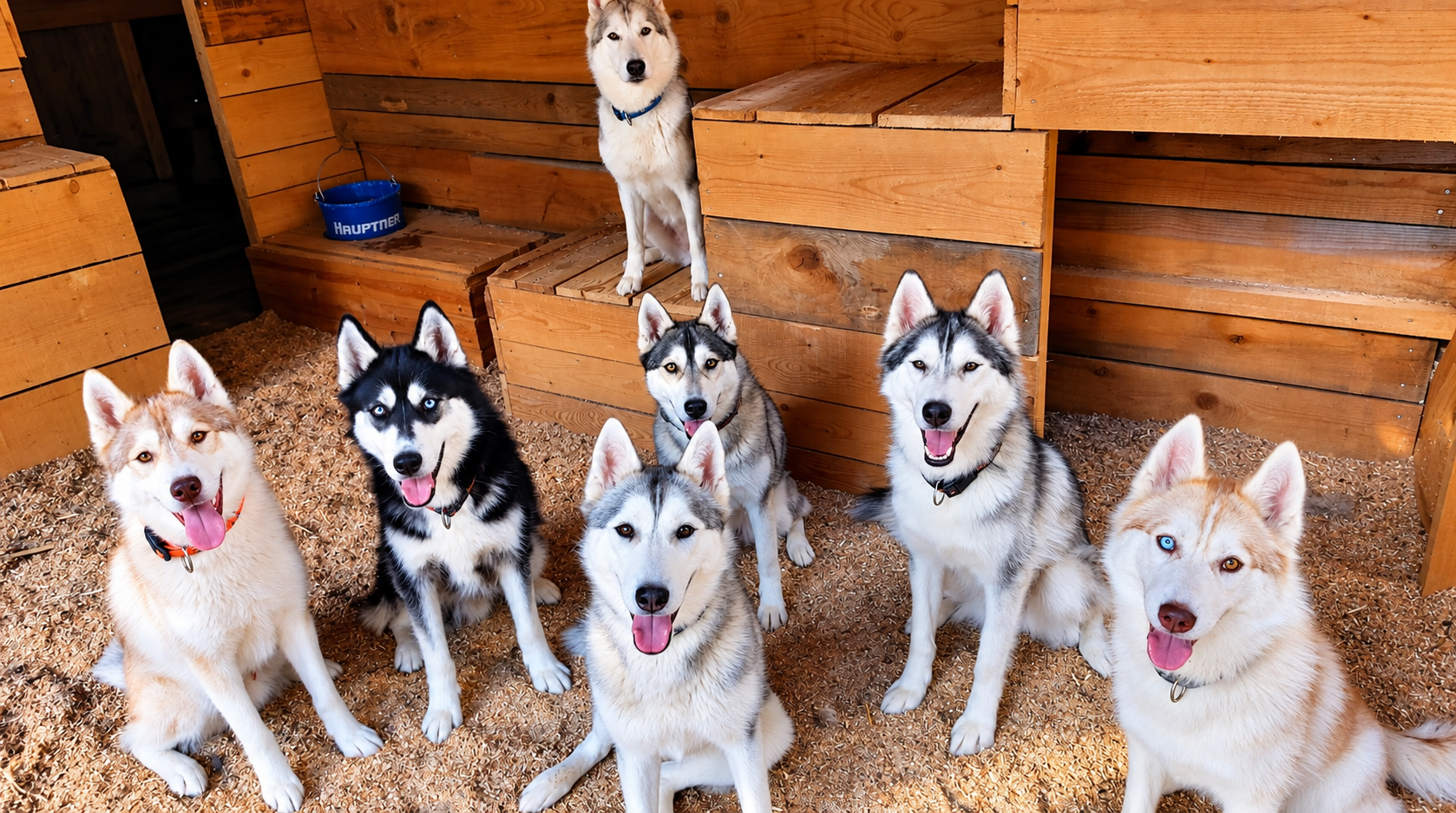 Portrait de famille des huskies au chenil Crans-Montana